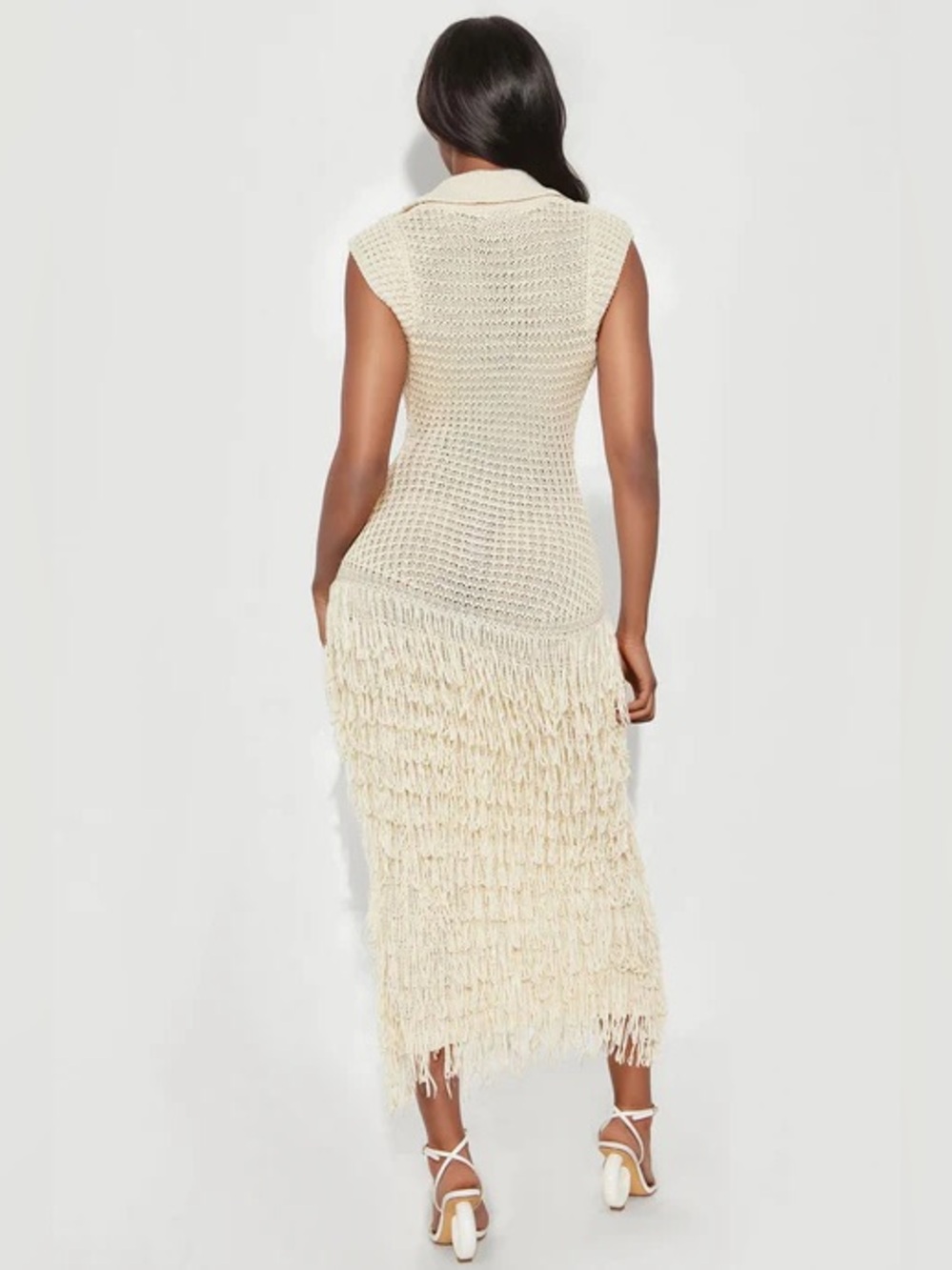 Fashion Nova Cream Crochet Fringe Midi Dress - Picture 4 of 5